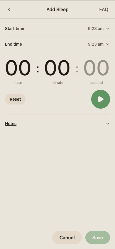 BabyLog sleep log modal with start and end time controls