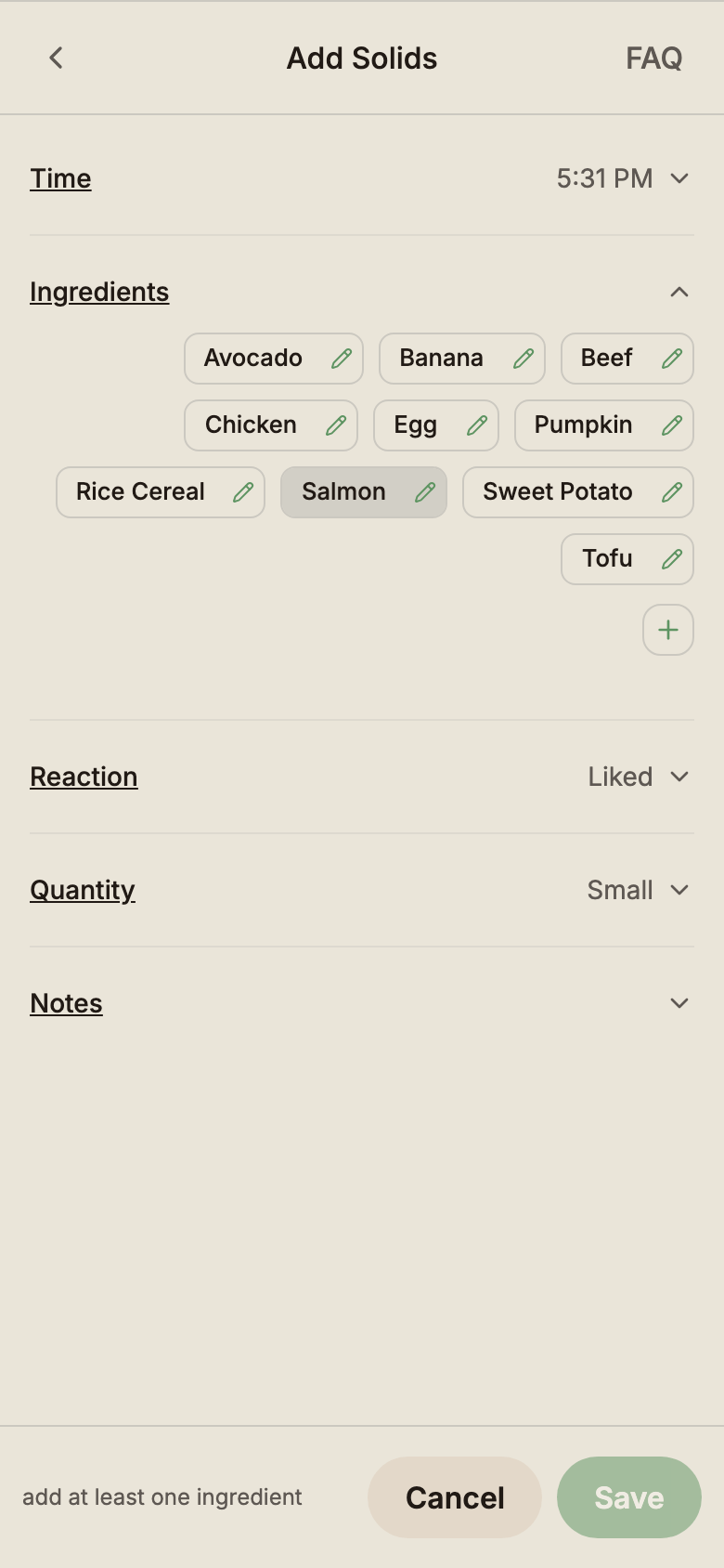 Solids modal showing food name autocomplete and amount selector.