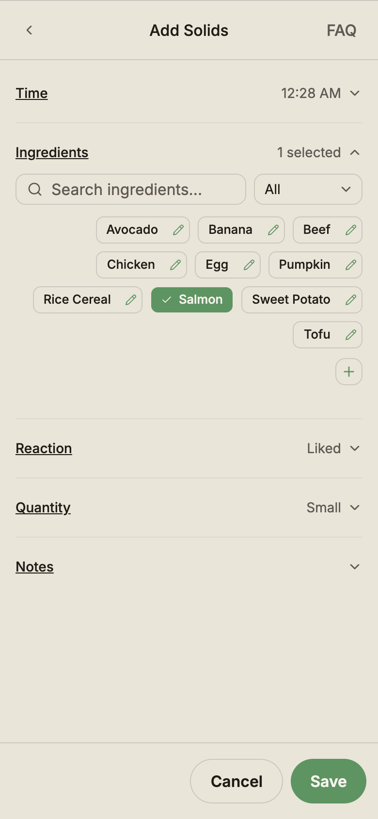 Solids modal showing food name autocomplete and amount selector.