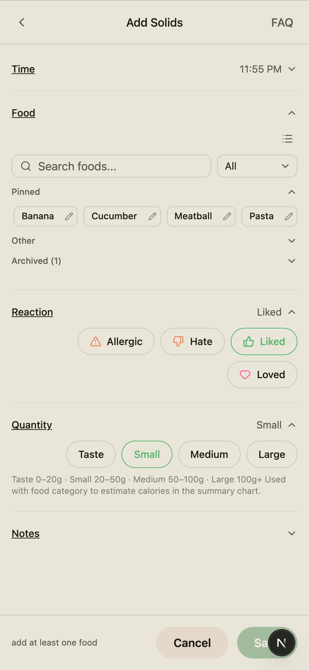 BabyLog solids log modal with food selection and reaction options