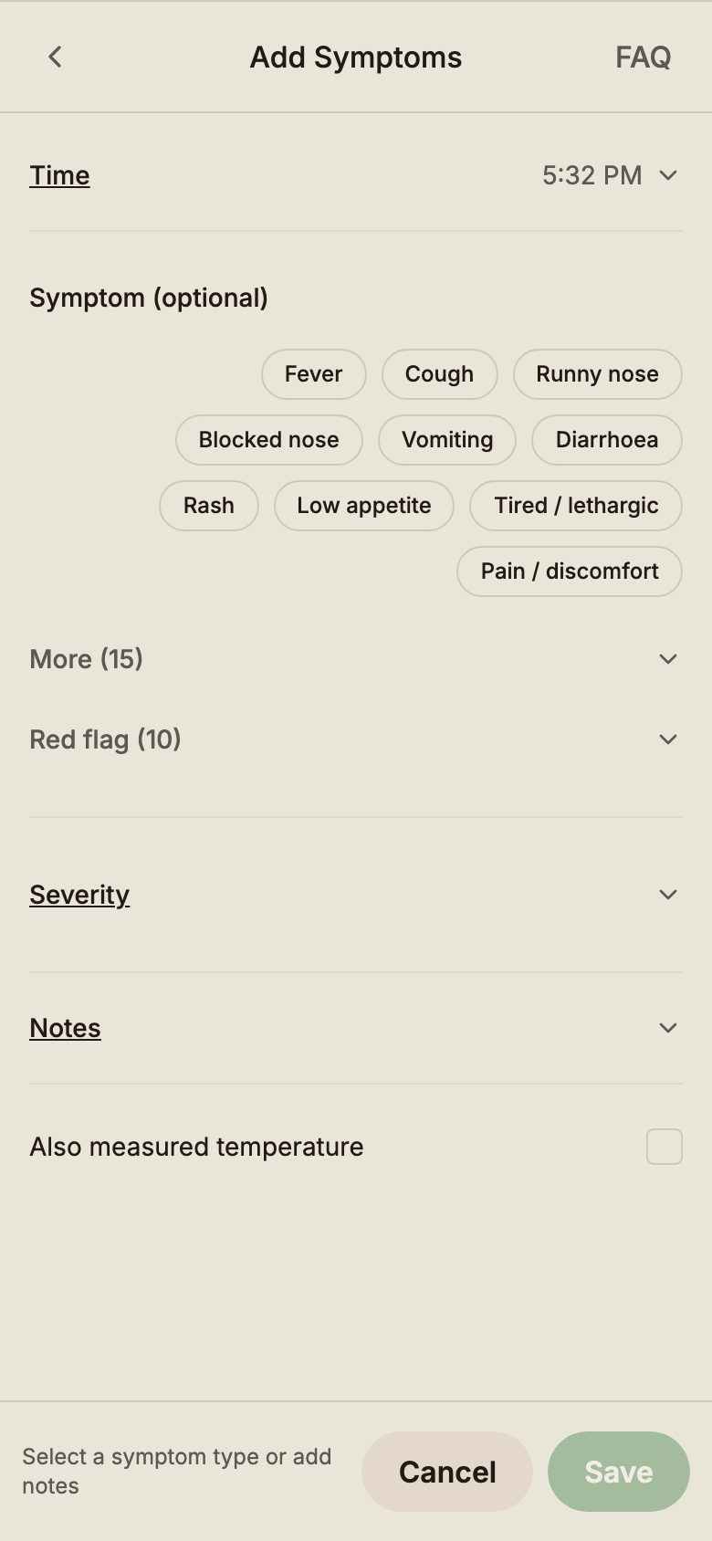 Symptoms modal showing symptom name and severity selector.