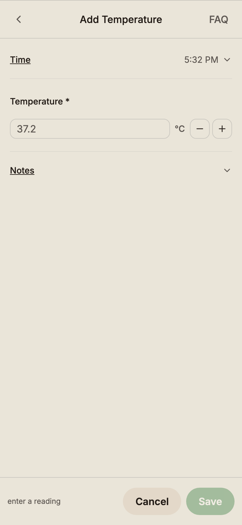 Temperature modal showing a single decimal input.