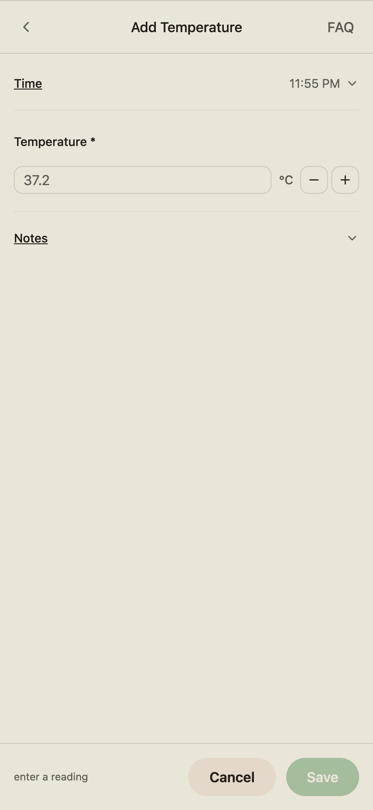 BabyLog temperature log modal with time and method selection