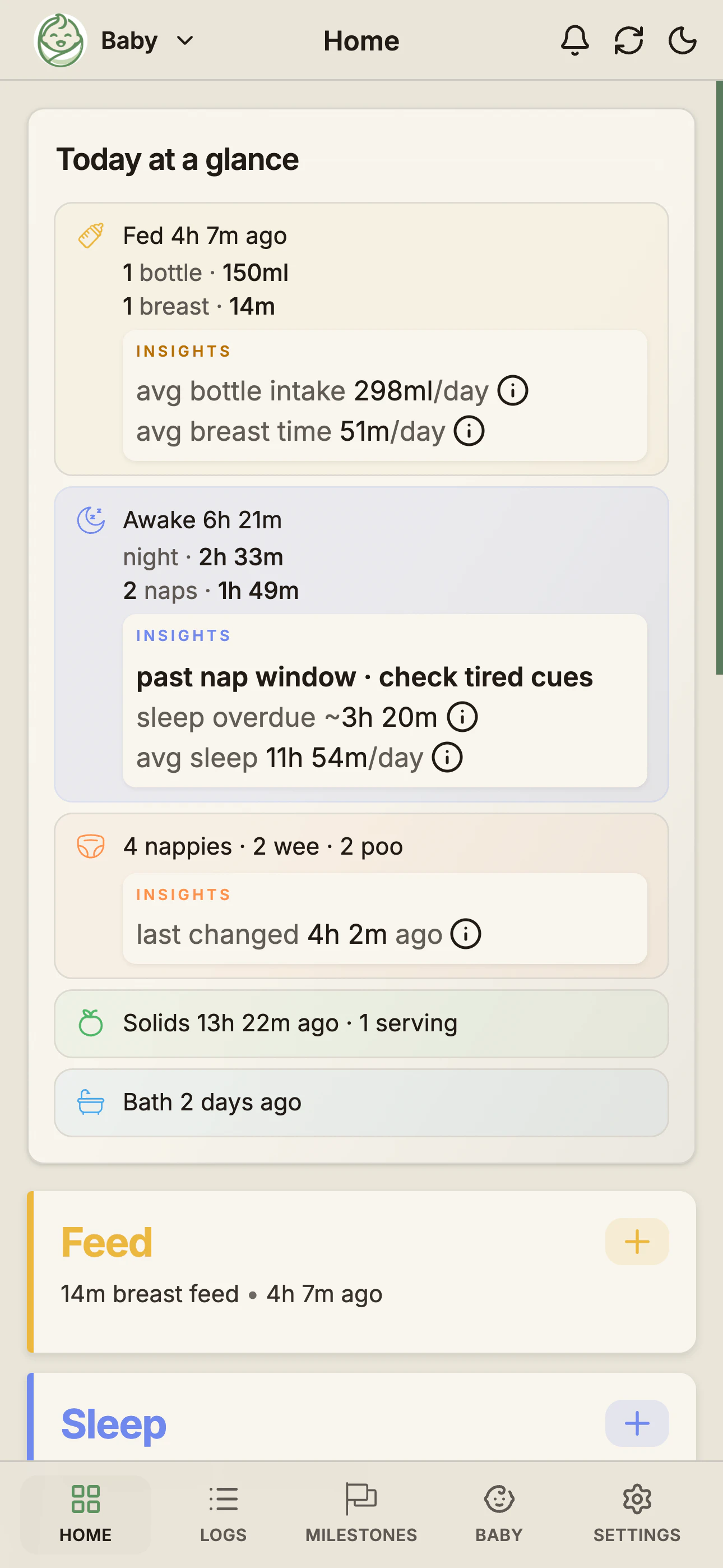 BabyLog overview screen showing today's feeds, sleep and nappy logs