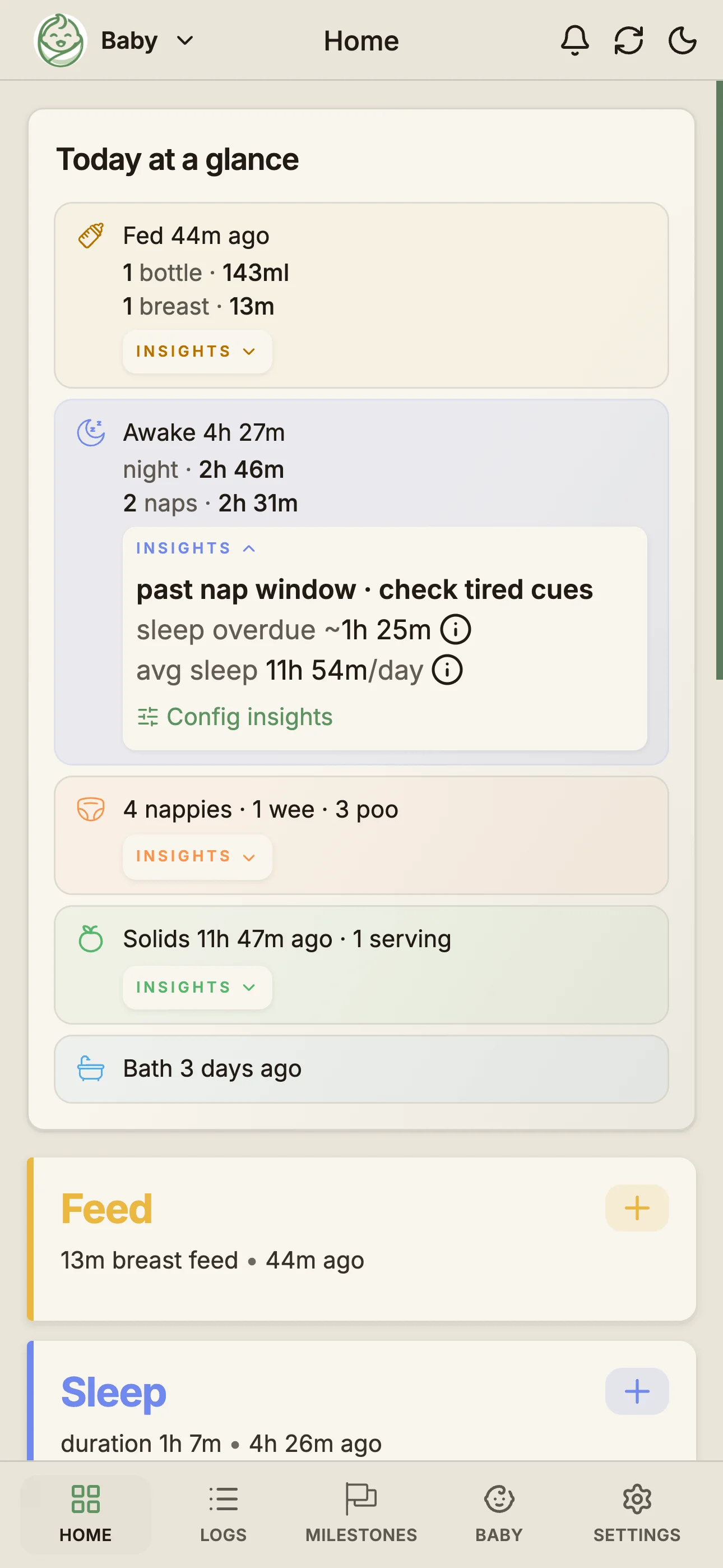 BabyLog overview screen showing today's feeds, sleep and nappy logs