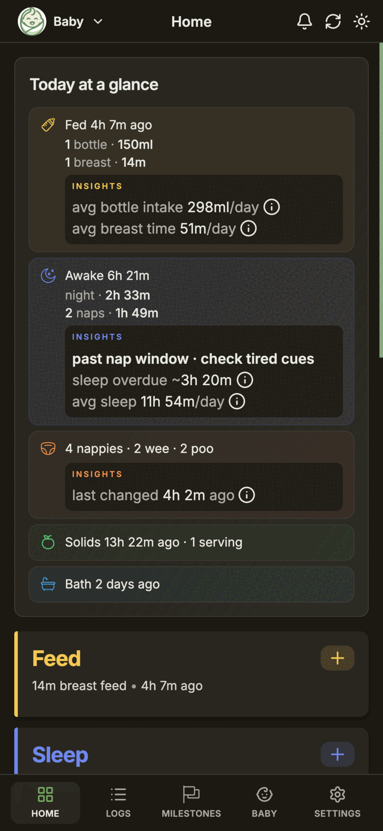 BabyLog Home screen showing tiles for feed, sleep, nappy and other activities with the most recent entry on each.