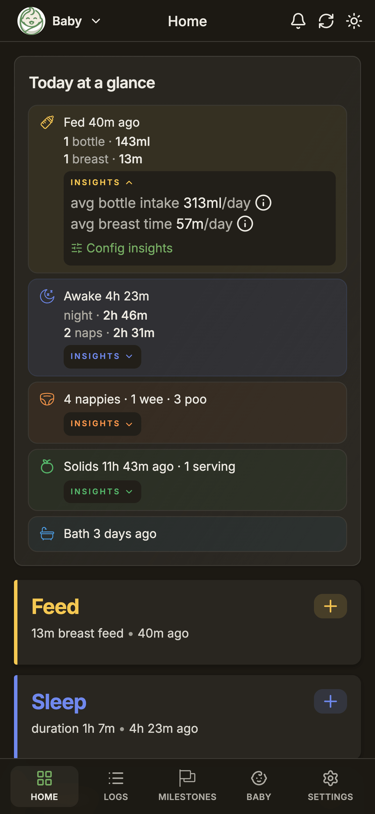 BabyLog Home screen showing tiles for feed, sleep, nappy and other activities with the most recent entry on each.