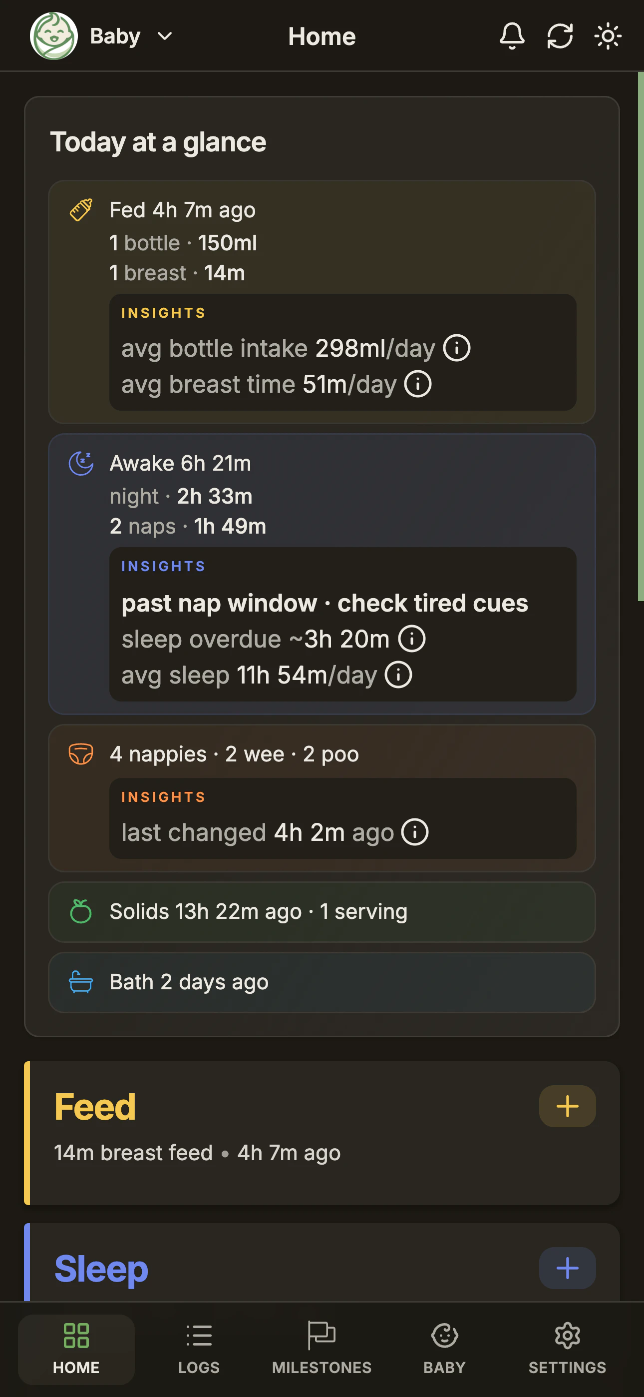 BabyLog overview screen showing today's feeds, sleep and nappy logs
