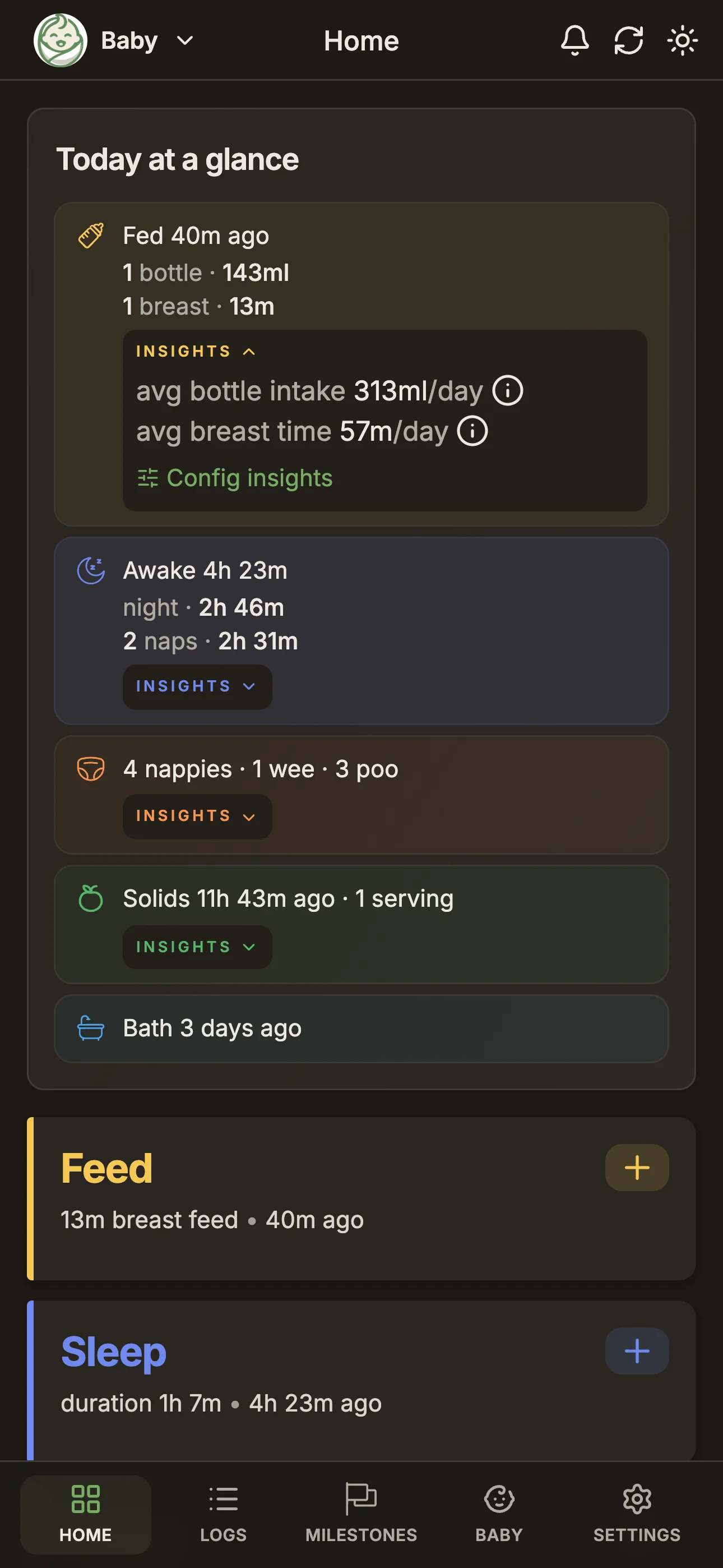 BabyLog overview screen showing today's feeds, sleep and nappy logs