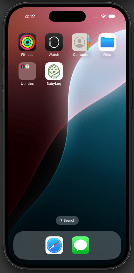 BabyLog installed on a phone home screen, sitting alongside other native apps.