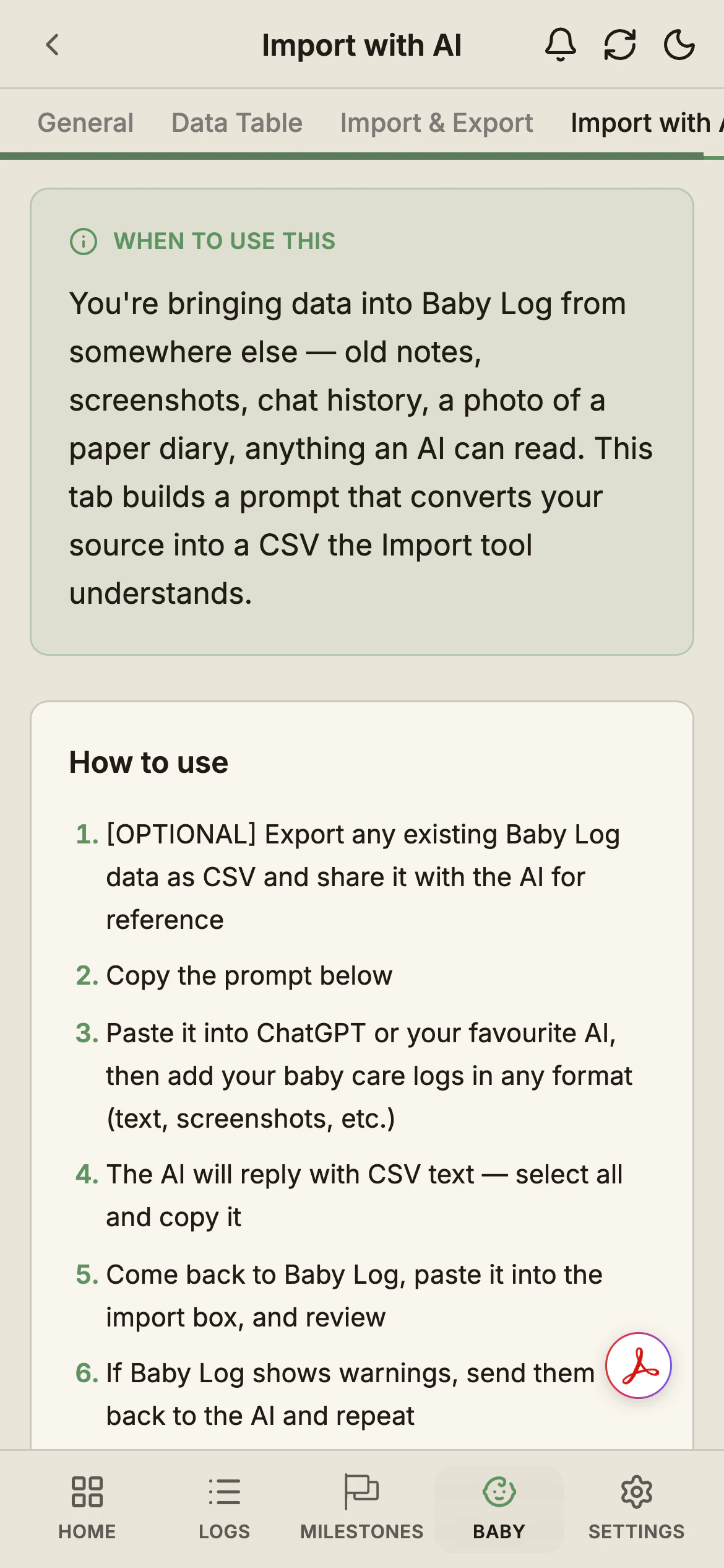 BabyLog's Data page on the Import with AI tab: a 'when to use this' note about bringing in data from another app, and a numbered how-to that says to copy the prompt, paste it into ChatGPT with your logs, then paste the CSV the AI returns back into the import box.