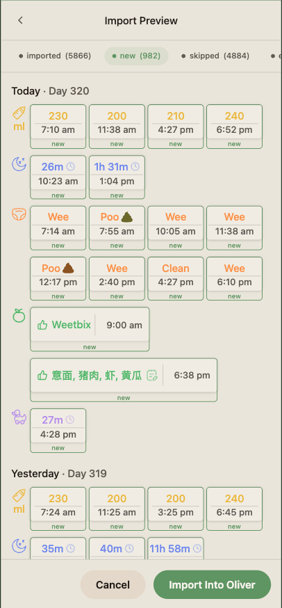 The import preview showing rows that didn't align cleanly, each tappable to inspect, edit, or delete.