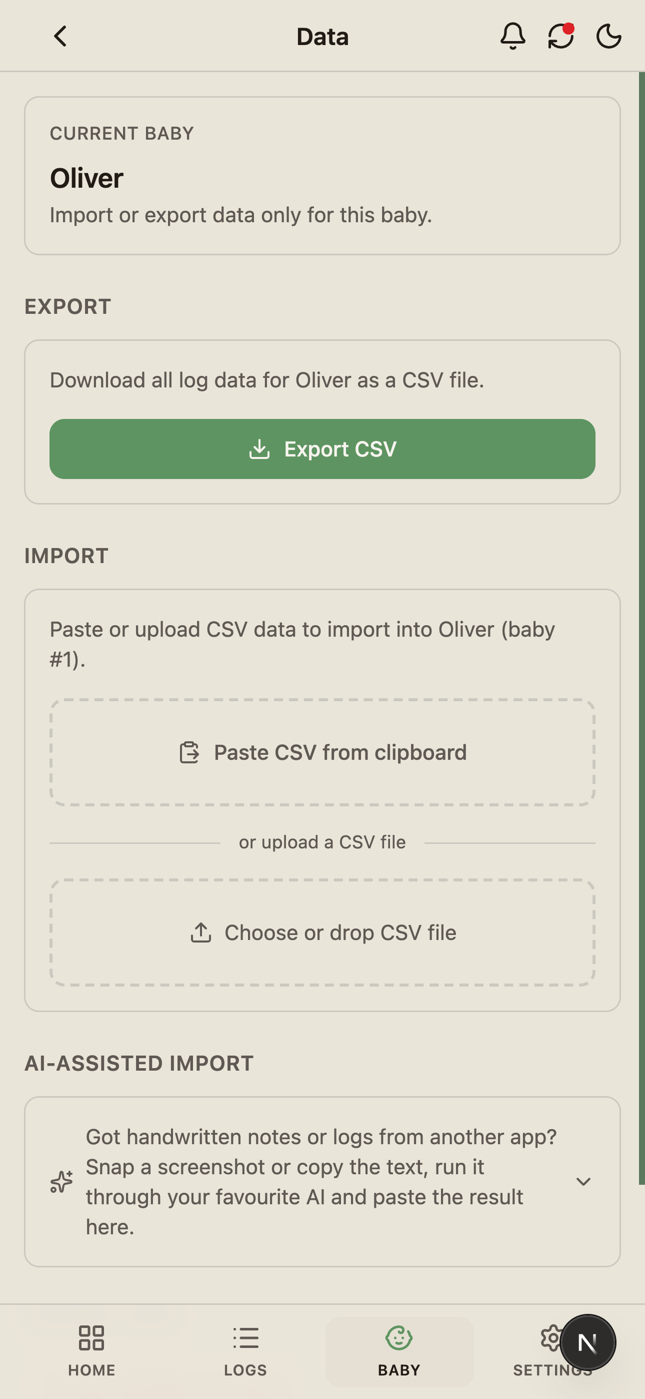 The import and export screen showing CSV import area and export button.