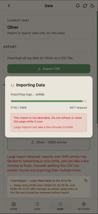 The import progress screen showing a CSV being parsed and validated row by row.