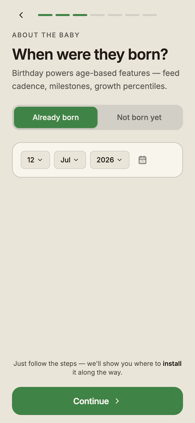 The birthday step with Already born and Not born yet tabs and day, month and year pickers.