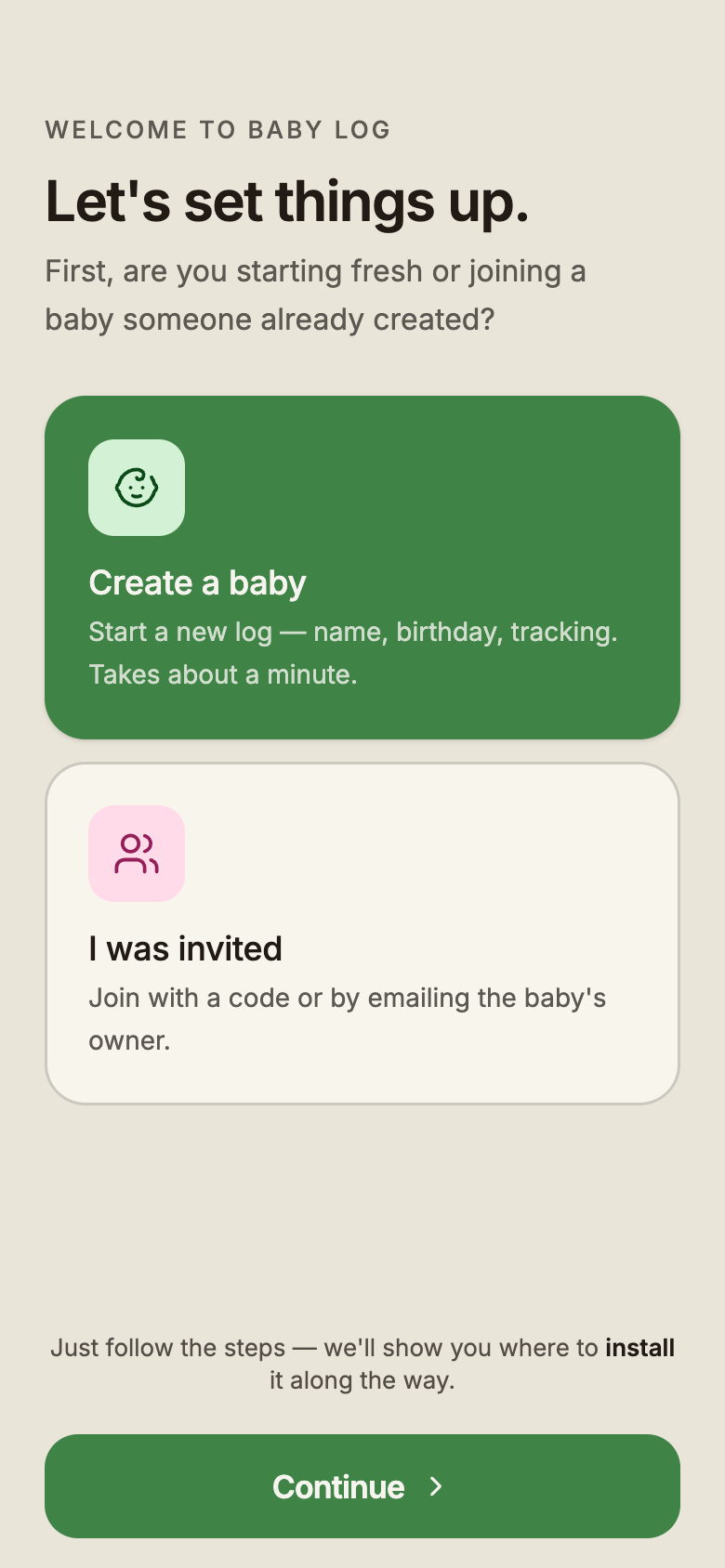 The first setup screen with two choices: Create a baby, or I was invited.