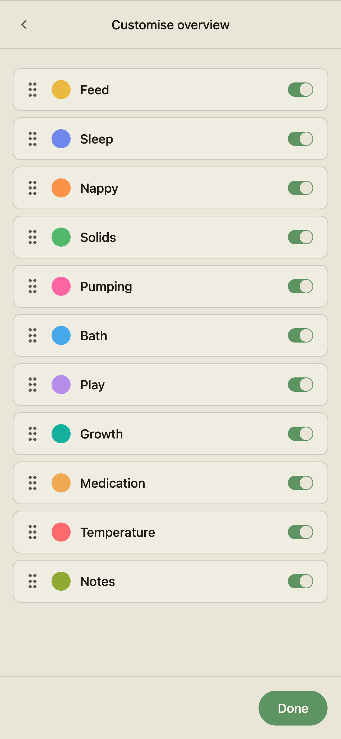The reorder screen showing log type rows with drag handles, eye toggles for visibility, and an arrange-on-Home preview.
