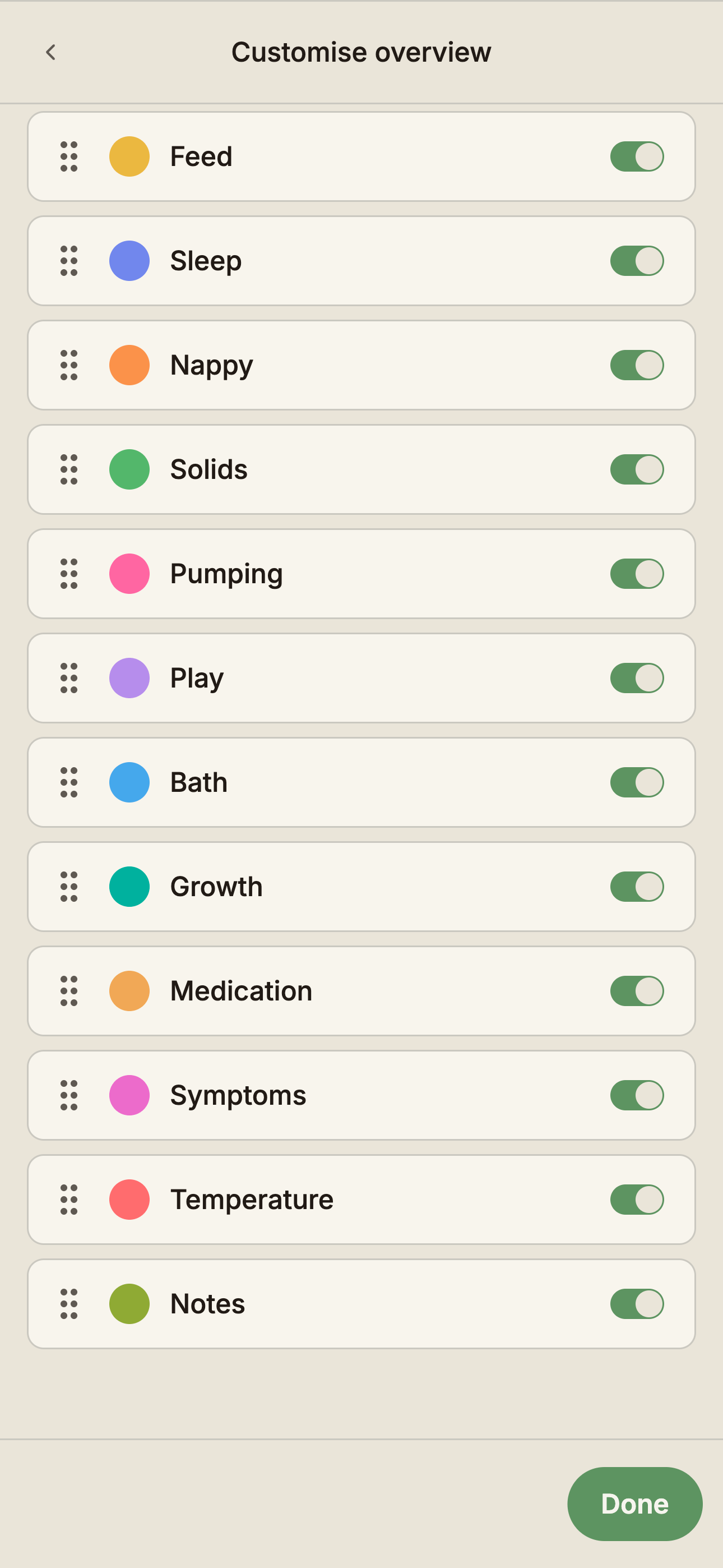 The reorder screen showing log type rows with drag handles, visibility toggles, and an arrange-on-Home preview.
