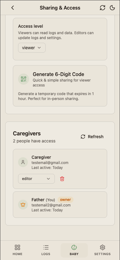 BabyLog caregiver list showing who has access to the baby profile