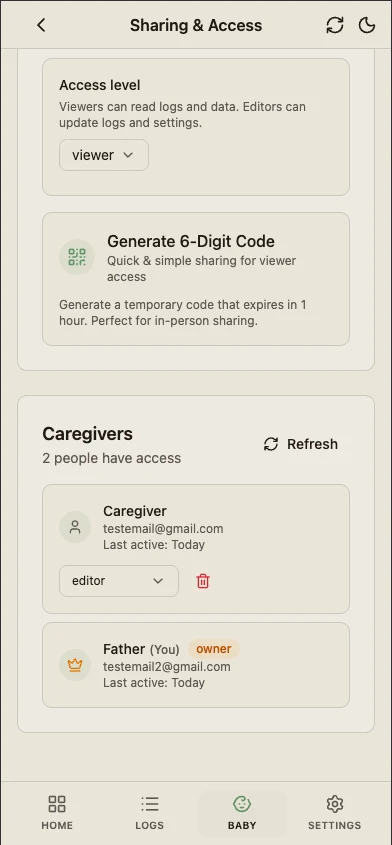 Managing caregivers and their viewer or editor roles