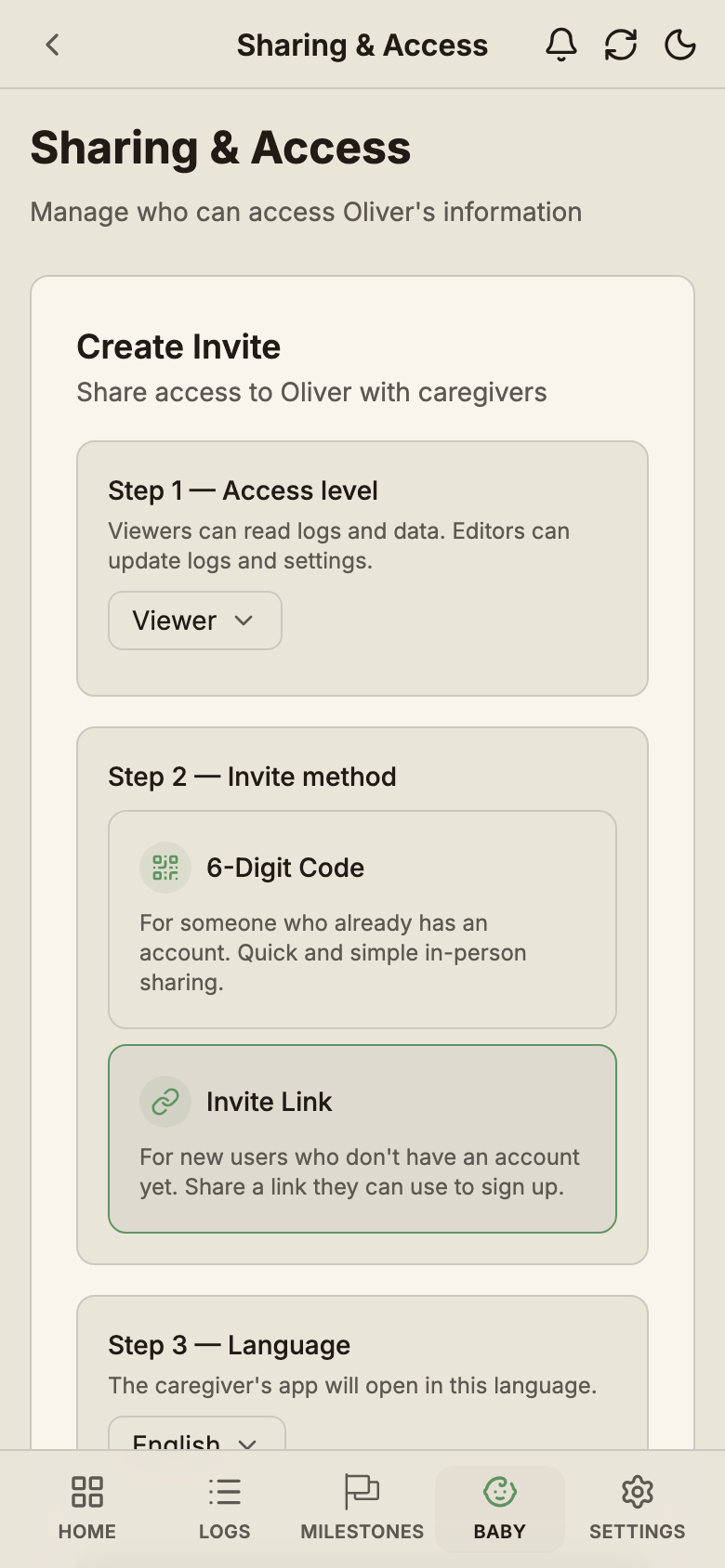 BabyLog sharing screen showing a generated invite code to add a co-caregiver.