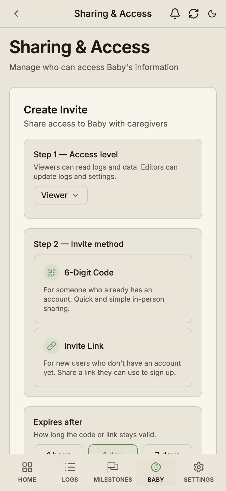BabyLog sharing screen showing a generated invite code to add a co-caregiver.
