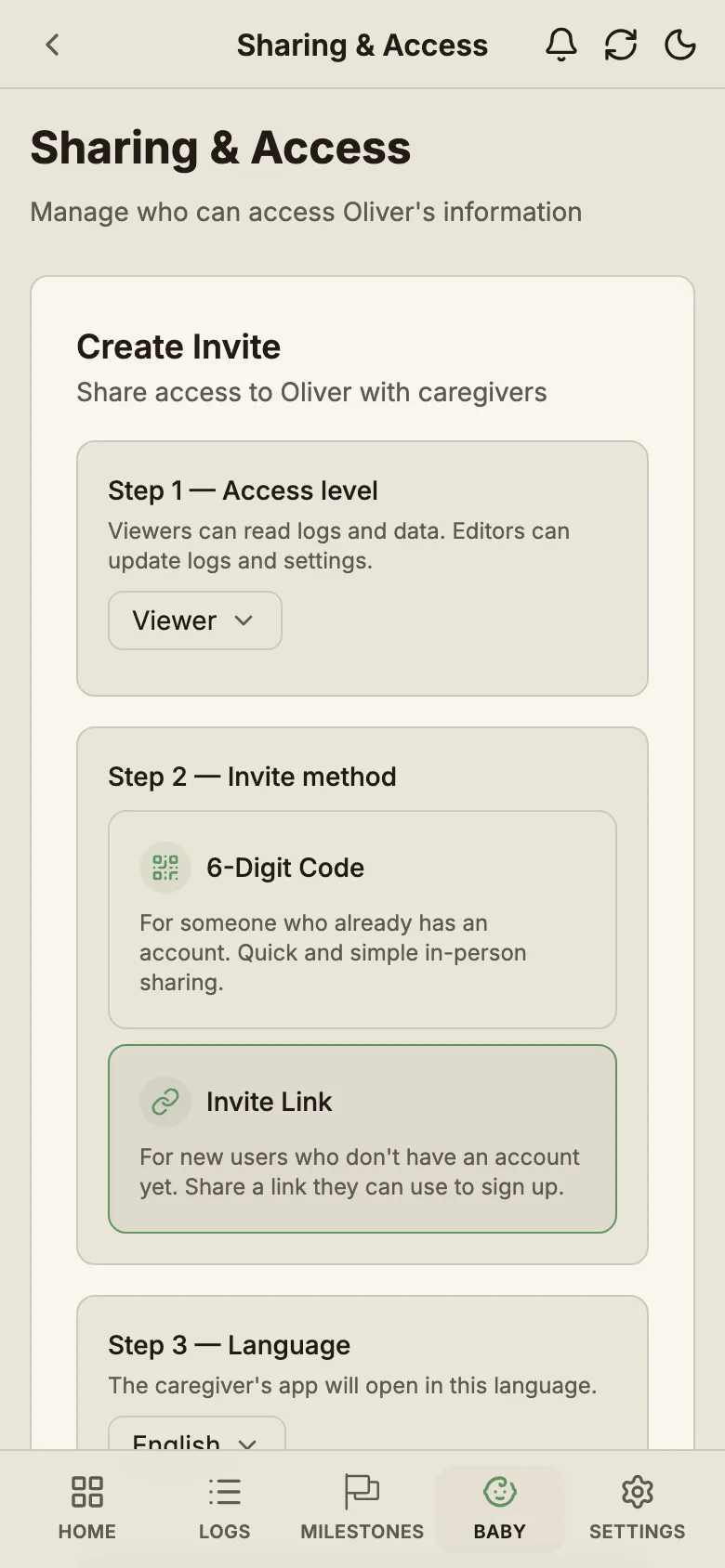 Generating a 6-digit caregiver invite code
