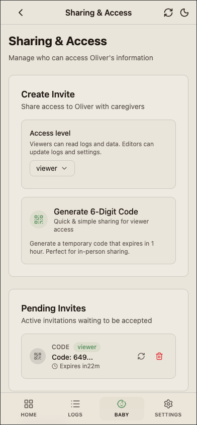 Pending invites list showing outstanding invites waiting to be used.