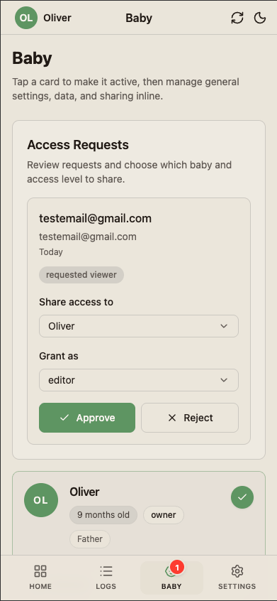 Approving a carer's request to join a shared baby log in BabyLog