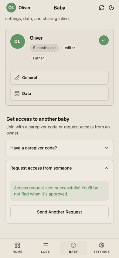 The request-approved success screen confirming the caregiver is now active.