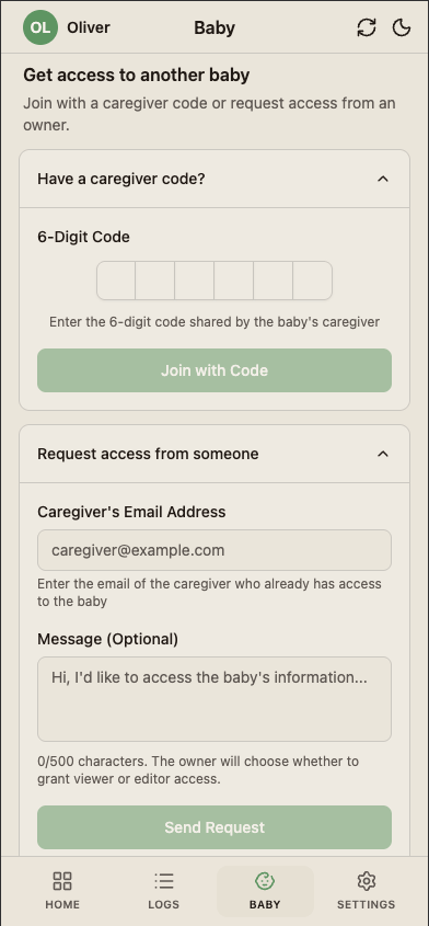 The join-with-code screen on the caregiver's device showing a code entry field.