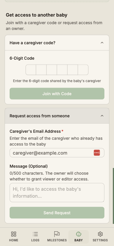 The join-with-code screen on the caregiver's device showing a code entry field.
