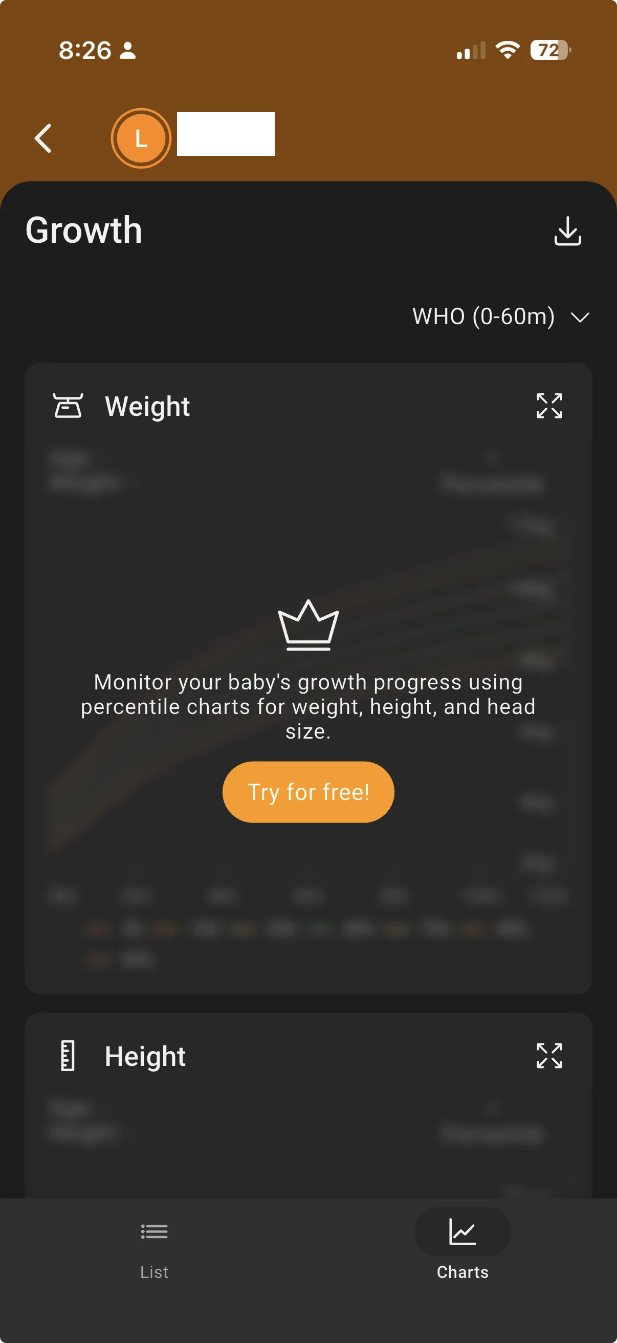 Baby Daybook's growth charts locked behind a premium prompt
