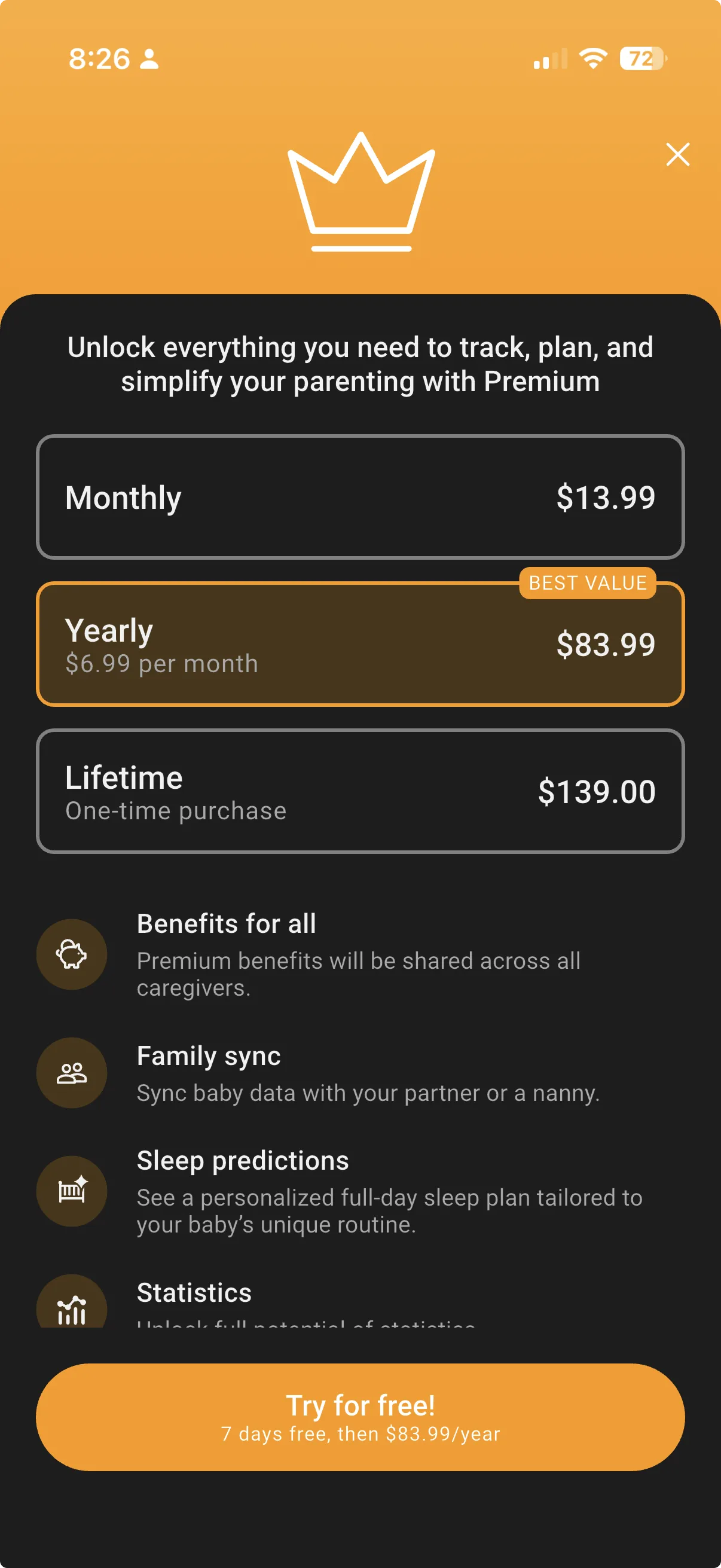 Baby Daybook's premium pricing screen showing monthly, yearly and lifetime options