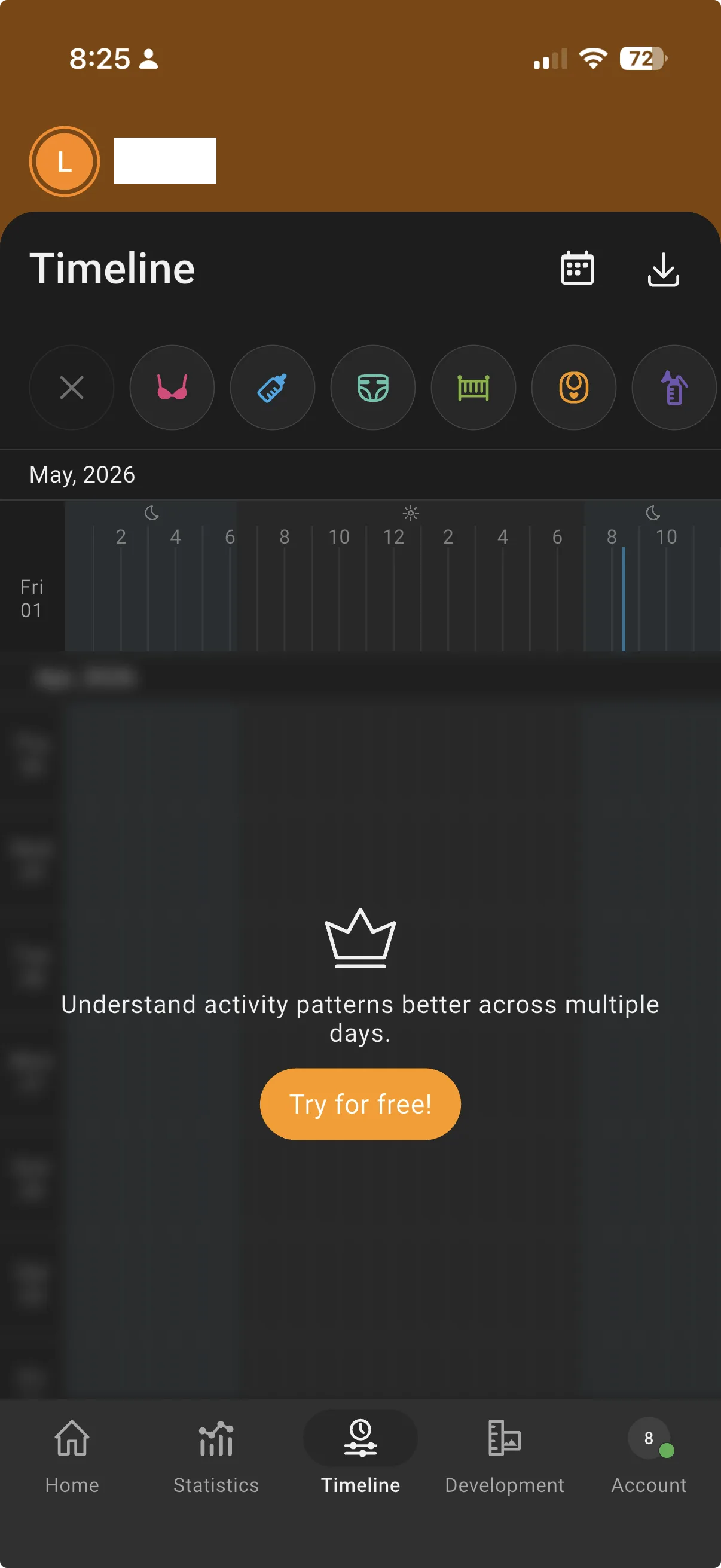 Baby Daybook's timeline view locked behind a 'Try for free' premium prompt