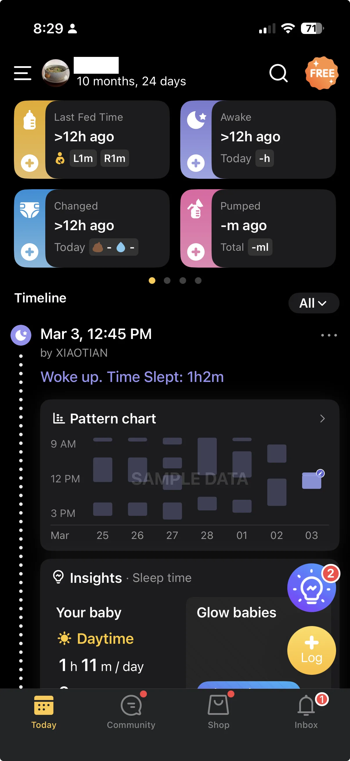 Glow Baby's home screen with status cards, a timeline, a community insights panel and a bottom bar including Community and Shop tabs