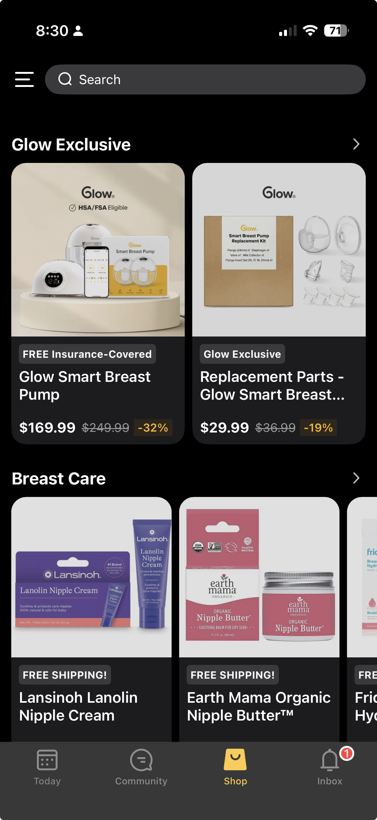 Glow Baby's in-app shop showing breast pumps and baby care products for sale