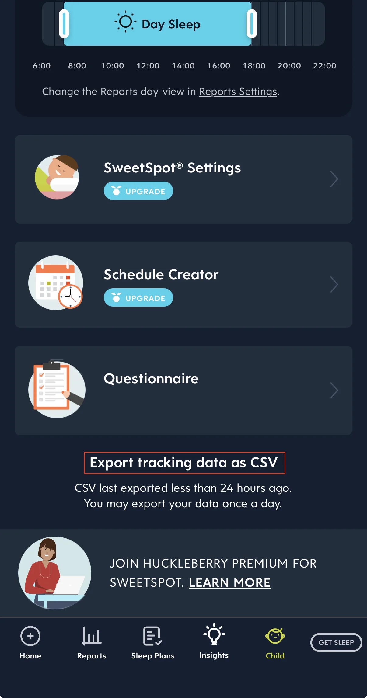 Huckleberry's export screen showing an 'Export tracking data as CSV' button with a note that data can be exported once a day