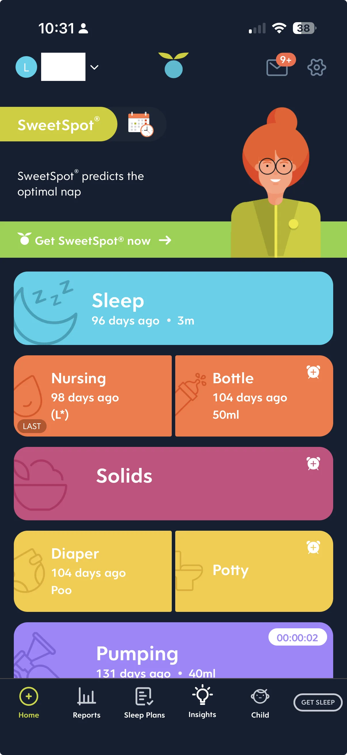 Huckleberry's home screen with colourful activity cards and a nap prediction