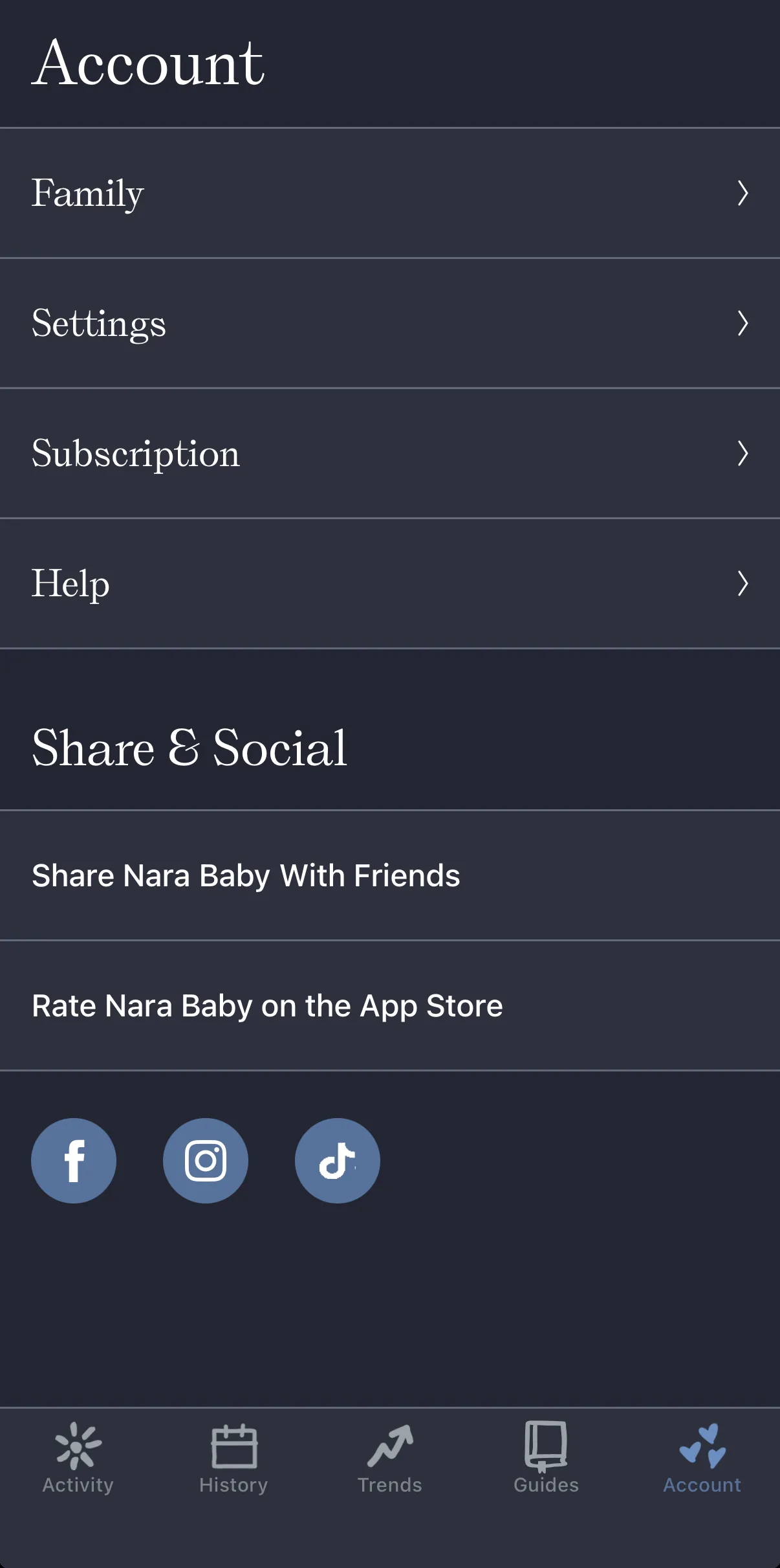 تبويب Account في Nara Baby، ويعرض قائمة فيها Family وSettings وSubscription وHelp، وأيقونة Account محدّدة في شريط التنقّل السفلي