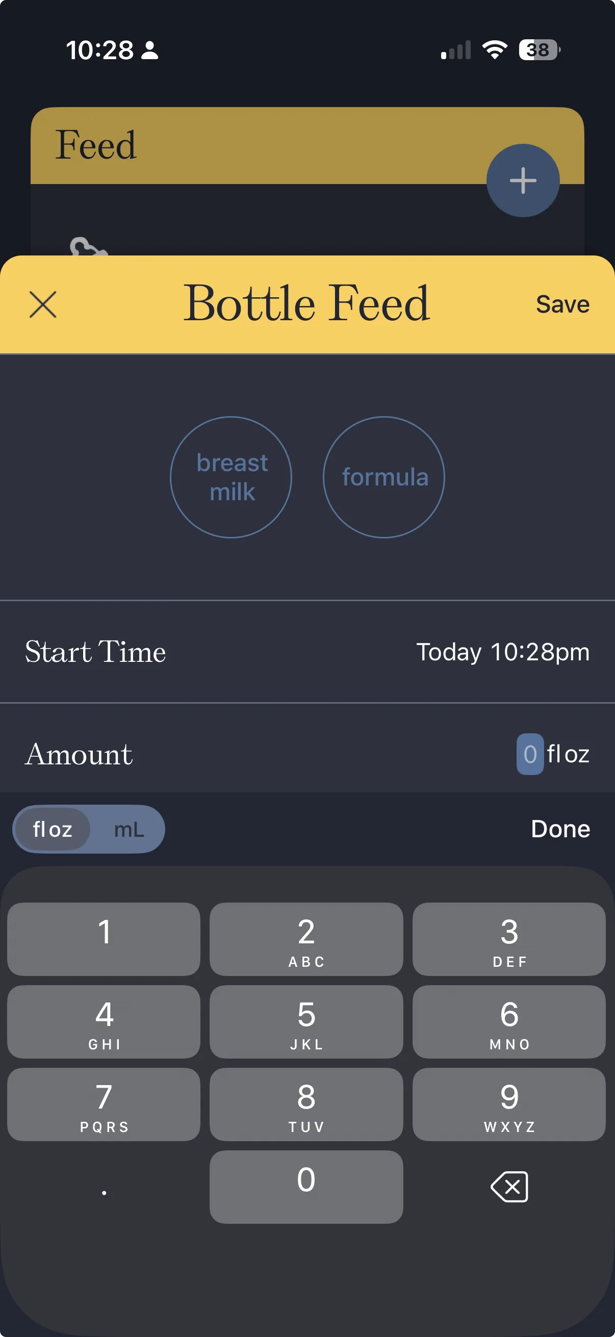 Nara Baby's bottle feed entry showing a numeric keypad for typing the amount