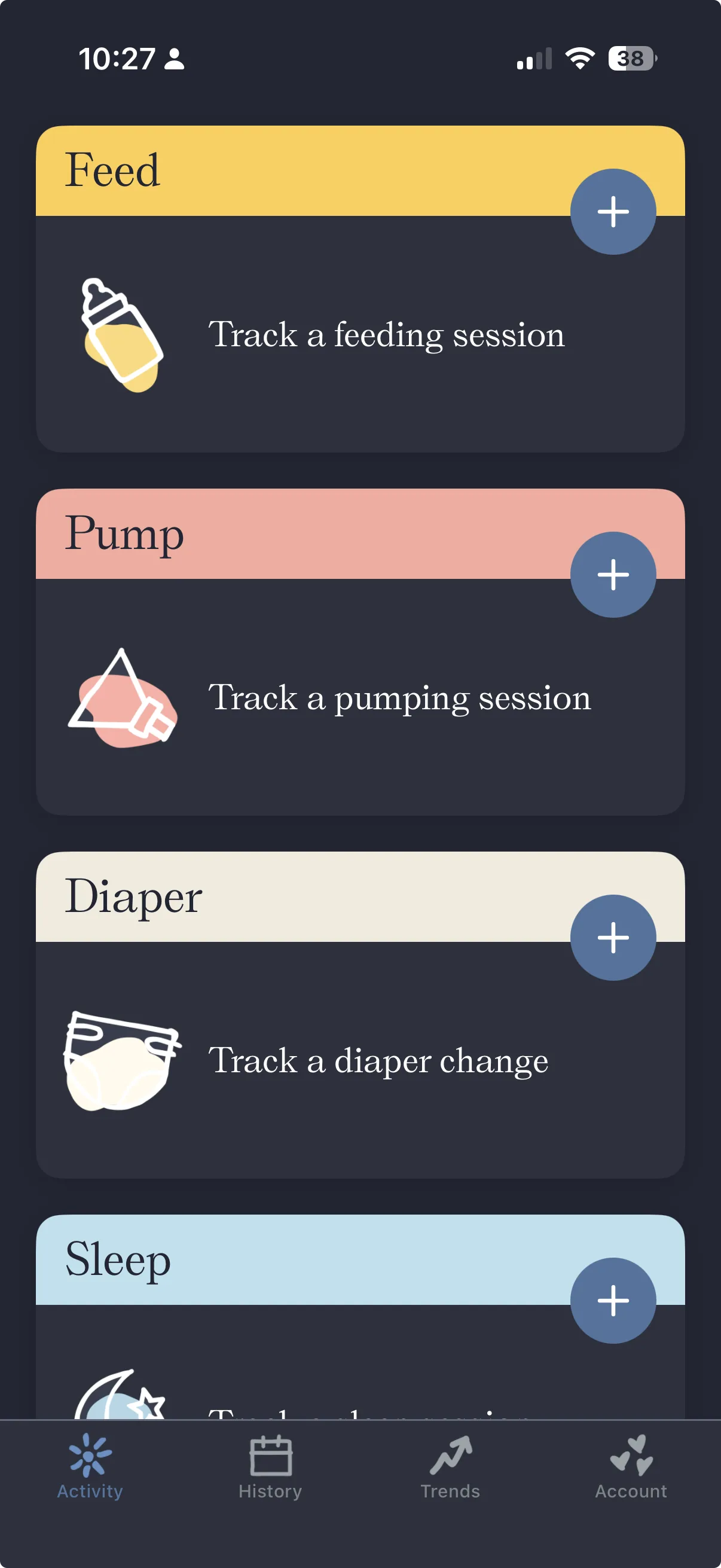 Nara Baby's activity screen with large Feed, Pump, Diaper and Sleep cards, only a few visible at once