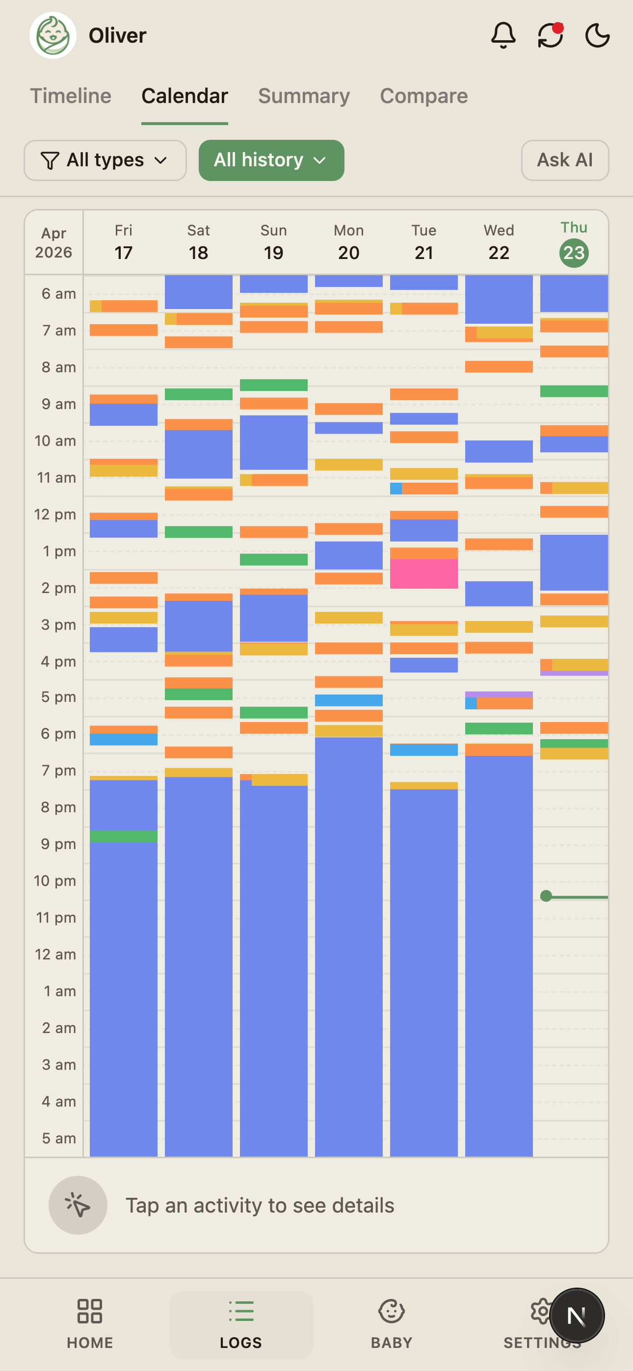BabyLog calendar view showing all activity types across multiple days at a glance