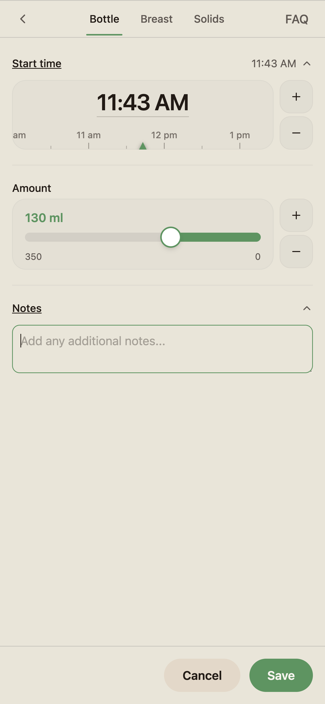 BabyLog bottle feed logging modal: pick the amount and start the timer in one tap