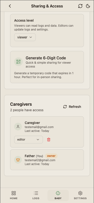 The caregiver management screen showing each active caregiver with their role and a menu to change role or remove access.