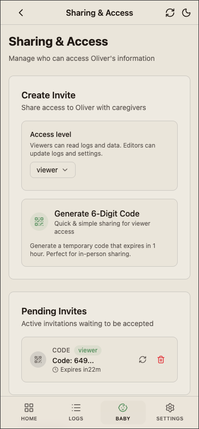 Pending invites list showing outstanding access requests waiting for approval.