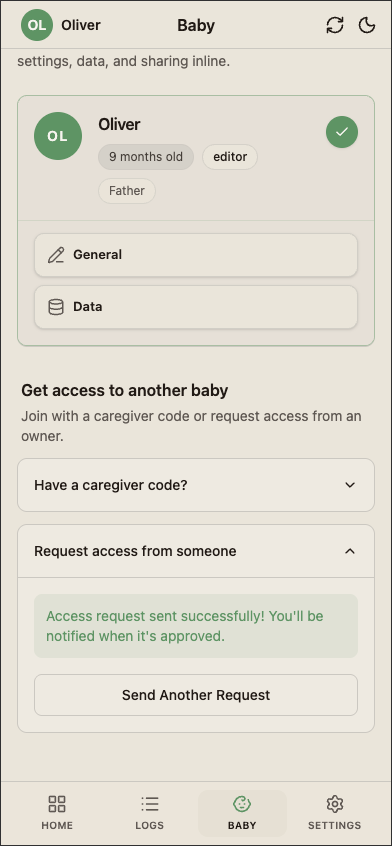 The request-approved success screen confirming the caregiver is now active.