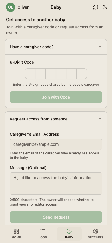 The join-with-code screen on the caregiver's device showing a code entry field.